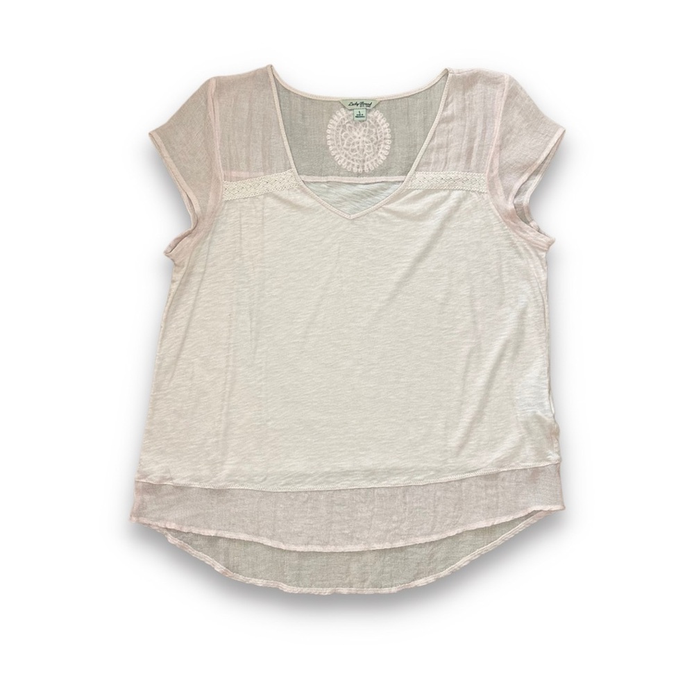 🏷️*Price Drop* Lucky Brand Blush Pink Sheer Yoke Short Sleeve Tee Size Large